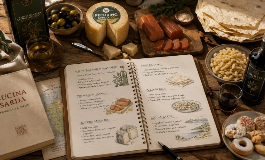Notizbuch mit Produktwissen zu sardischem Olivenöl, Bottarga, Pecorino Sardo, Pane Carasau, Malloreddus und sardischer Küche