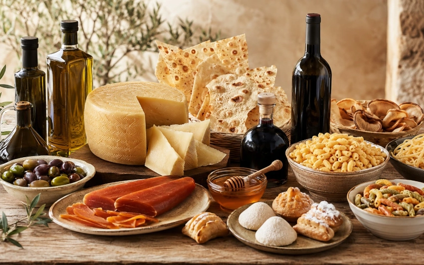 Sortiment sardischer Spezialitäten mit Olivenöl, Pecorino, Bottarga, Pane Carasau, Pasta, Oliven, Honig, Mirto, Wein und Süßwaren