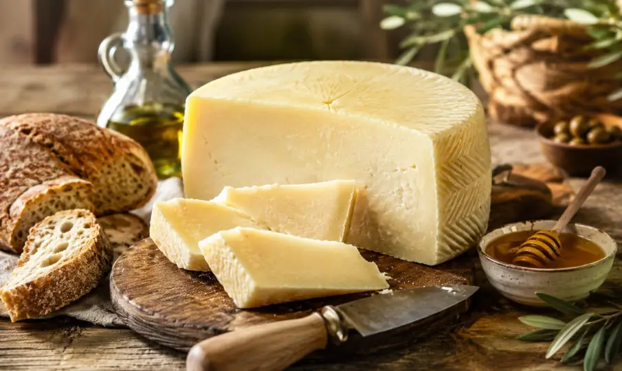 Pecorino Sardo auf einem Holzbrett mit Messer, Kräutern und sardischem Brot