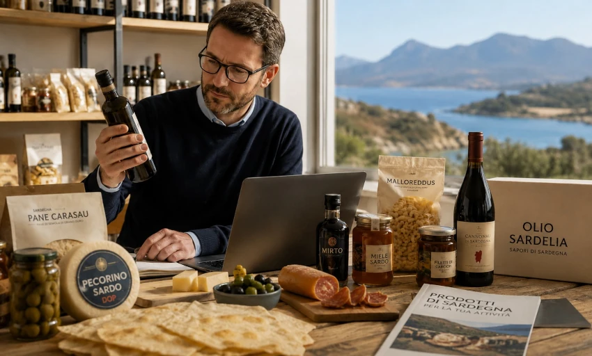 Einkäufer prüft sardische Delikatessen für Handel, Gastronomie und Geschenksets